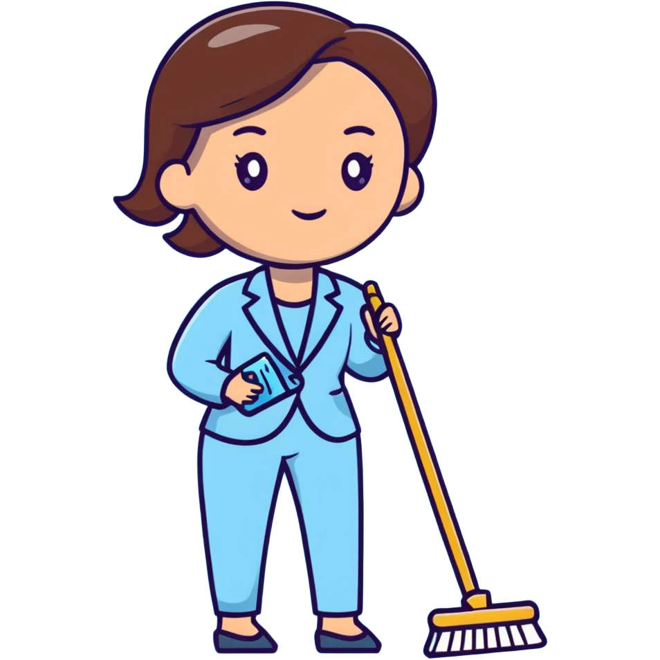 light-skinned woman in a light blue suit cleaning emoji