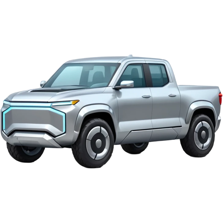 A futuristic electric pickup truck emoji, silver chrome body, angular cyber design, smooth metallic panels, subtle reflections, minimalistic proportions, iOS emoji style, centered composition, clean white background, soft lighting emoji