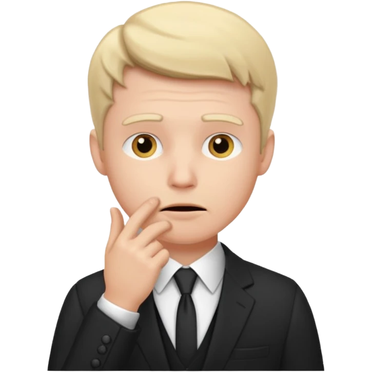white man in formal suit thinking hard, hand to mouth emoji