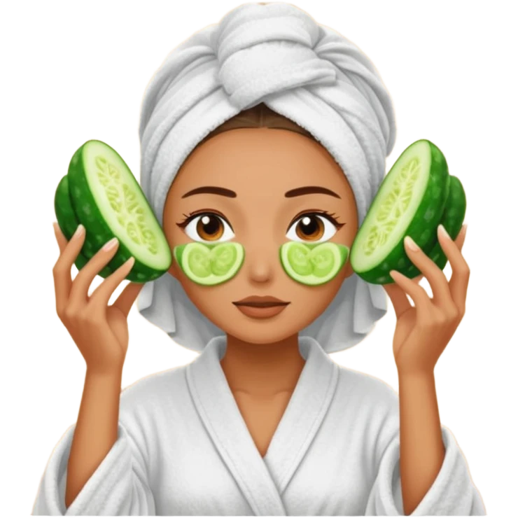 woman at the spa with cucumbers slices covering her eyes and tan skin tone with towel completely covering hair and robe on emoji