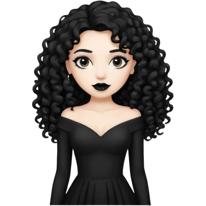 long black curly hair with white skin black dress and black lipstick emoji