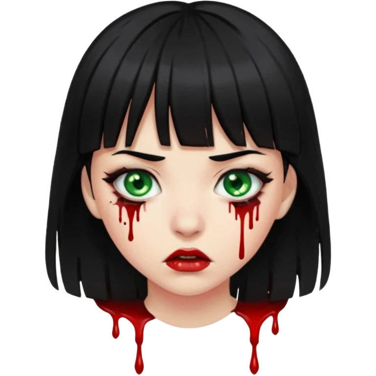 Guria com cabelo preto franjinha sangrando olhos verdes  fundo preto e um piercing bridgepiercing emoji