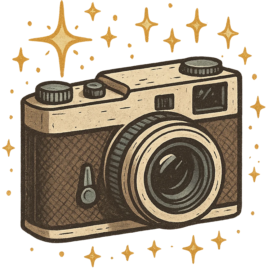 vintage camera with magical sparkles emoji