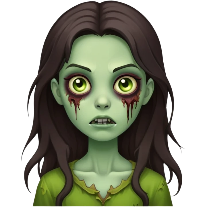girl zombie with a long dark brown hair, sidebangs and green skin emoji