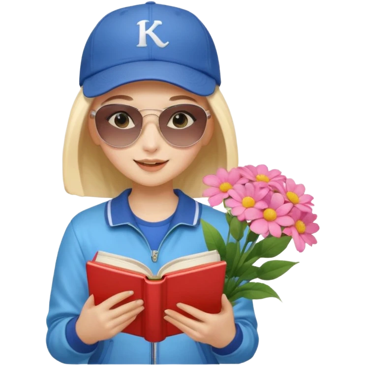 ["A happy girl with light skin, bald, wearing a baseball cap and sunglasses, dressed in K-pop fashion, is reading a book while holding a flower bouquet."] emoji