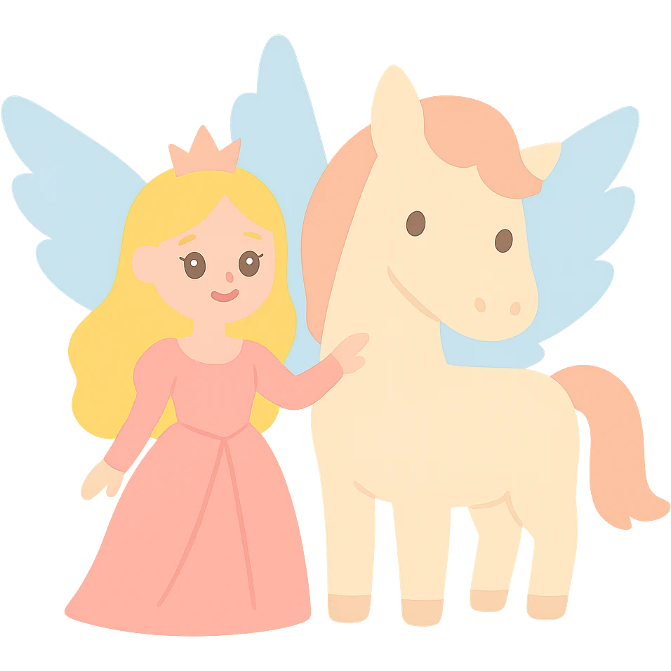 Barbie flying horse princess, Barbie princess standing side by side with flying horse, pink long dress, flying horse with wings, fairy tale illustration style emoji