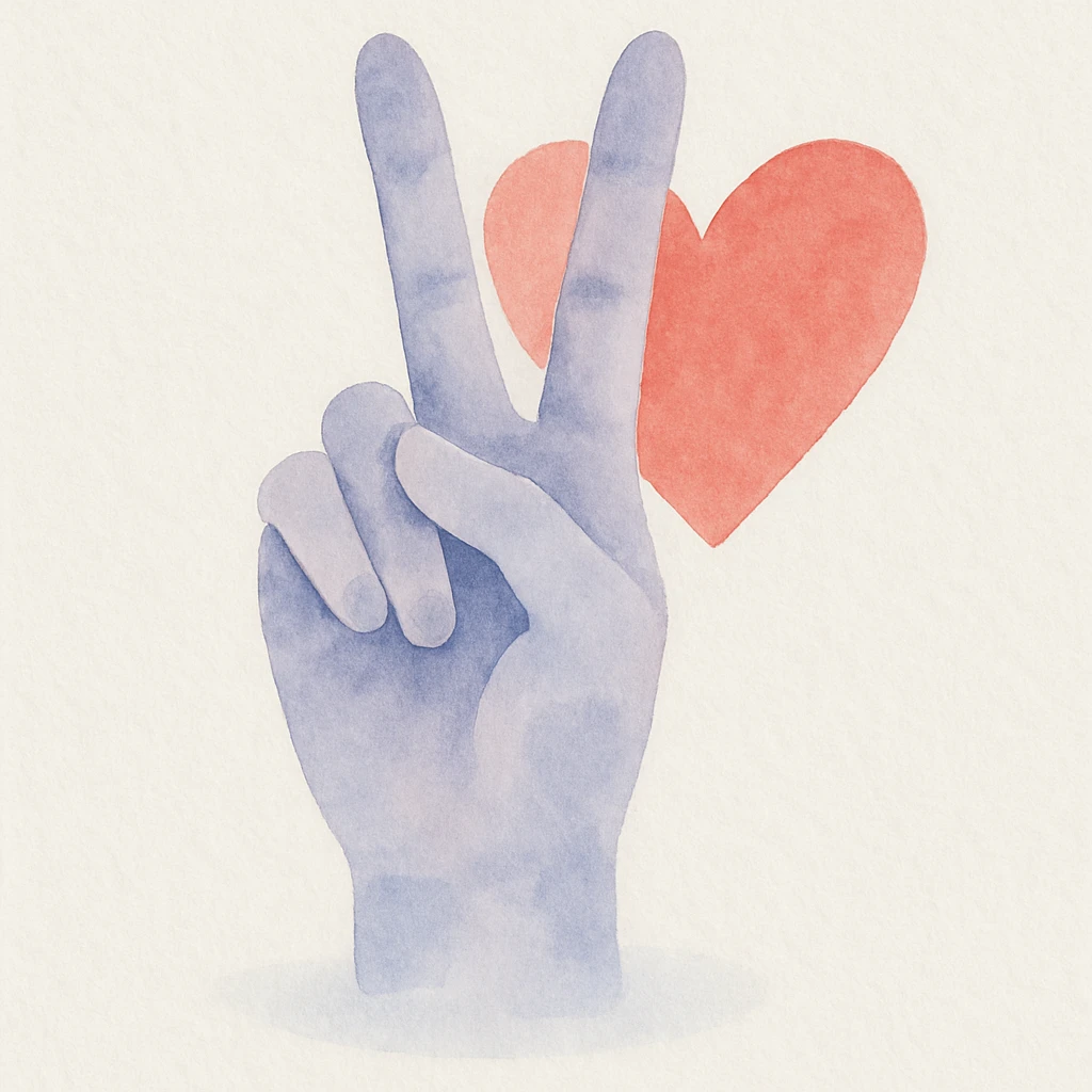 realistic hand making a peace sign, mostly purple and blue, with a red heart in the background, watercolor style emoji