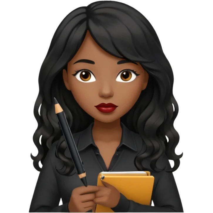 A young woman with long black hair, a wavy frange falling on half of her head.  She's black, medium to dark skinned with thick lips. She's holding something that let's us know she's the CEO of a creative agency, but she's wearing black casual clothes. she has long eyelashes. emoji