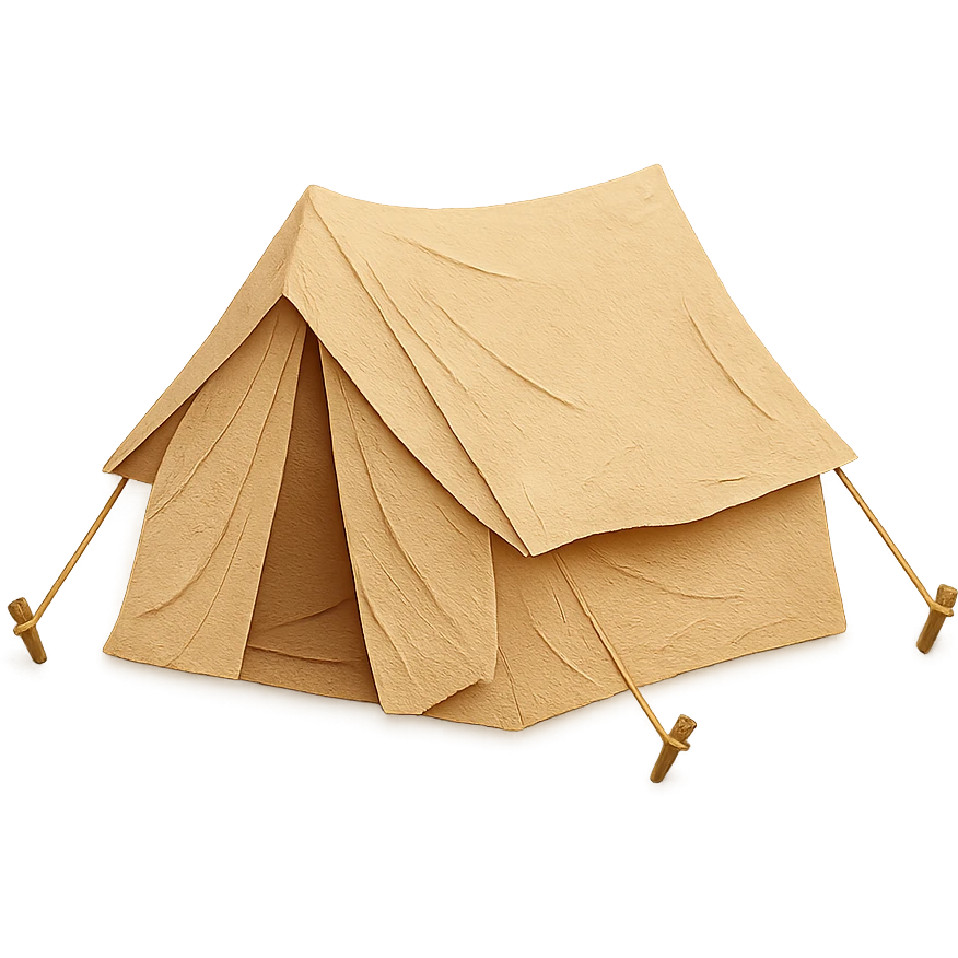beige camping tent, paper craft style, fine paper edges, highly detailed fabric folds, tent stakes and ropes visible emoji