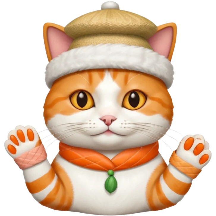 cat with its fingers crossed wearing a hat made out of sushi emoji