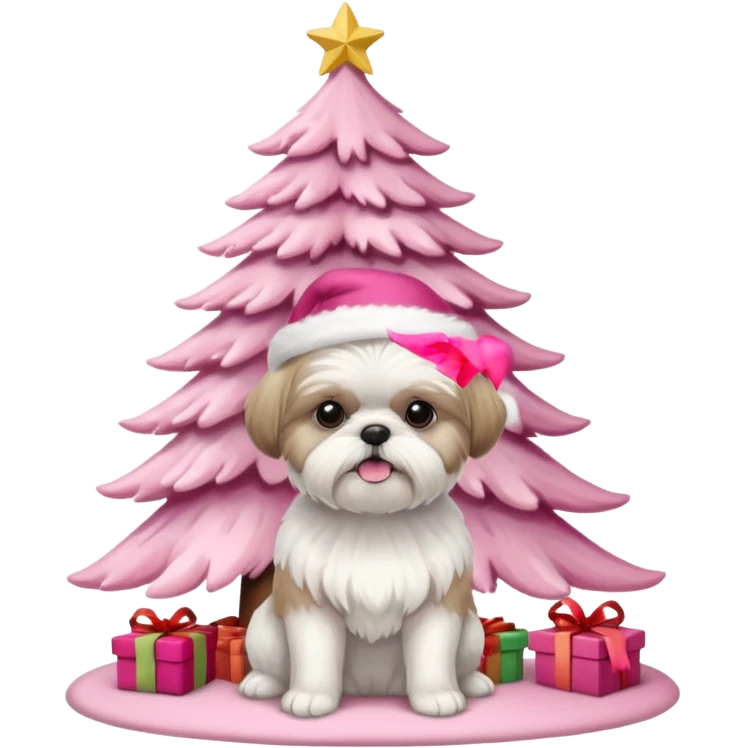 one little white all over shih tzu dog with pink santa hat with short hair sitting next to pink christmas tree emoji