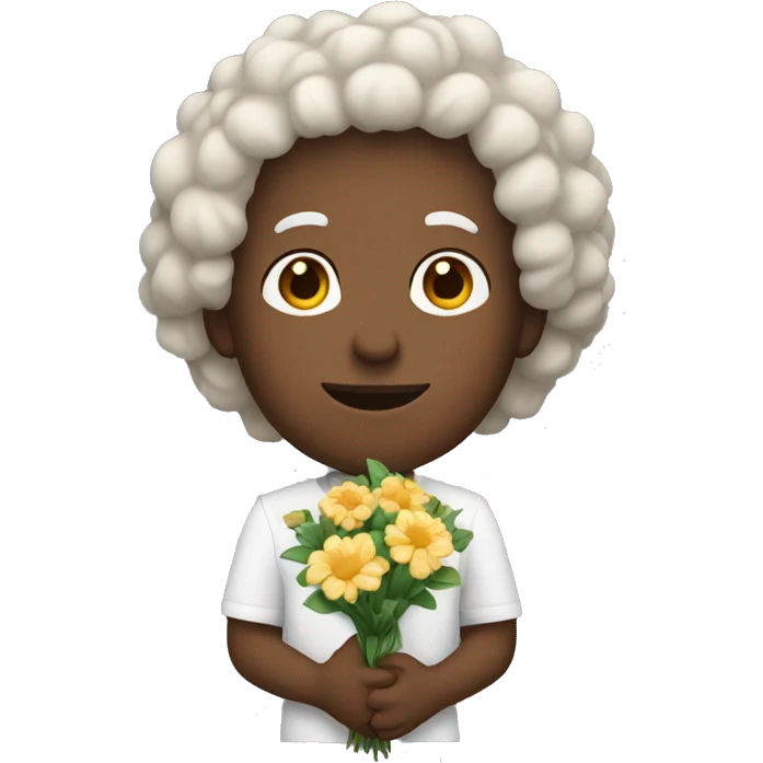White man with curly hair holding flowers  emoji