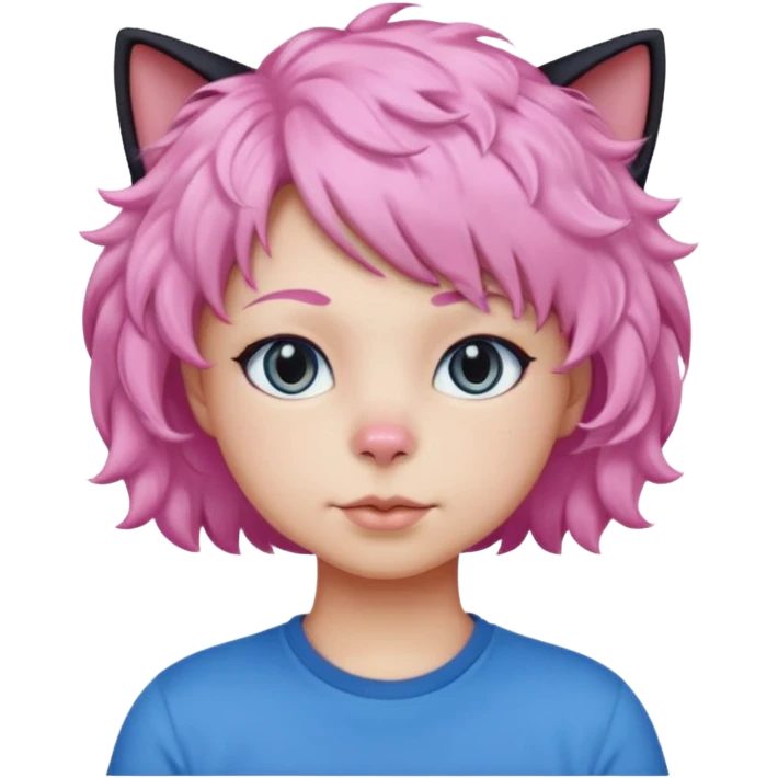 a Black cat wearing a short curly pink hair wig, blue T-shirt emoji