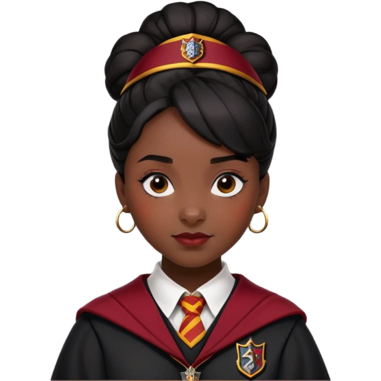 alicia spinnet in harry potter, wear hogwarts gryfindor uniform,  thick, black bun hair, black skin emoji