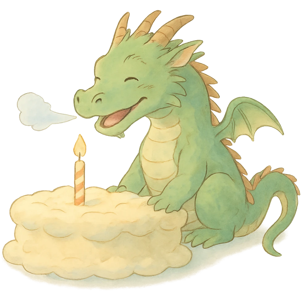 happy dragon blowing out 1 candle on cloud cake, soft ghibli style emoji