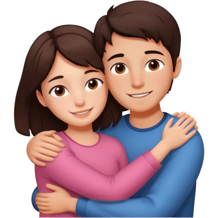 Girl and boy couple Both peach skin and darkish brown hair, give girl freckles HUGgING EMOJI emoji