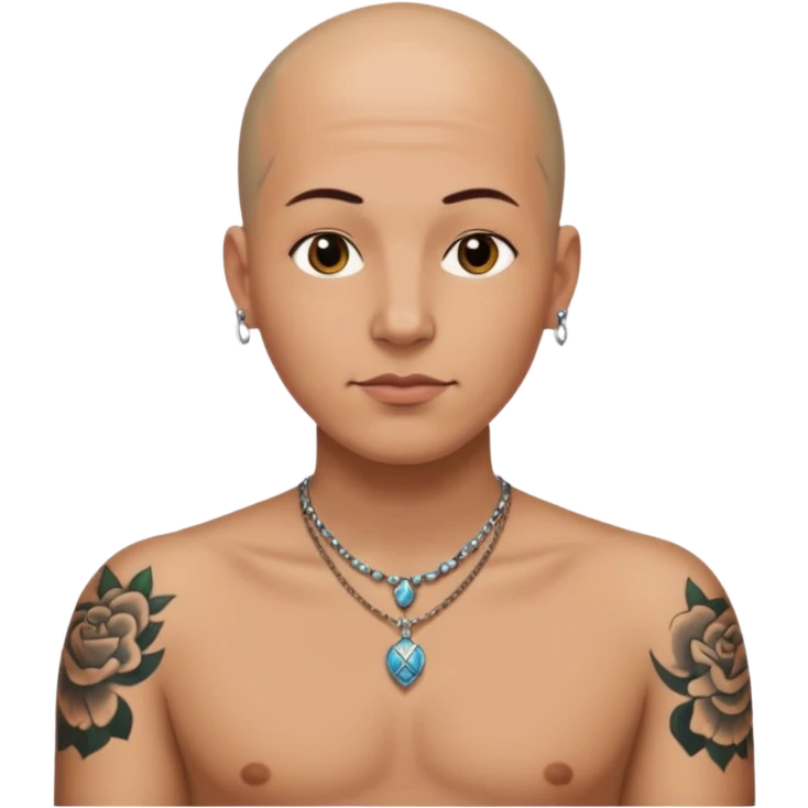 a bald head wearing necklace, having tattoo emoji
