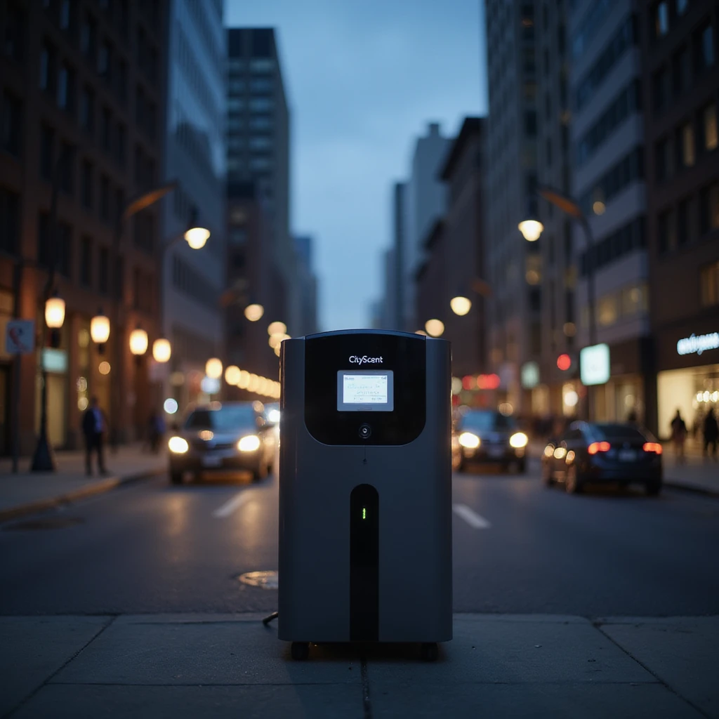 realistic evening cityscape with the CityScent air freshener machine standing alone in the center, illuminated by ambient city lights, modern urban environment, no people, focus on the machine emoji