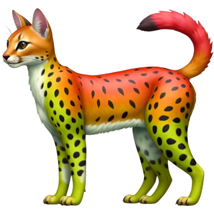Colorful tropical exotic fruity kiwi-green lemony rosy neon-red Caracal-Cheetah-Serval-Snow-Leopard-Trico-Sergal-Vernid-fusion-hybrid-animal-creature, full body emoji