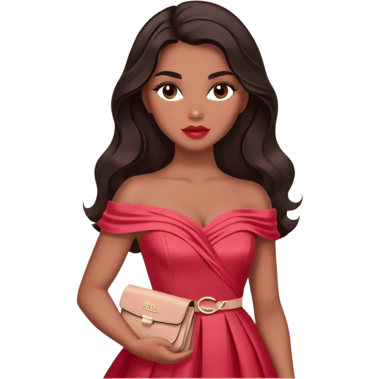 A woman with darker almond-toned skin, more voluminous dark hair in waves, expressive eyes with soft lashes and shimmer, full lips with a glossy nude-pink color, wearing a red dress and a white crossbody sash with “Miss San Juan” in black letters, exuding elegance and confidence emoji