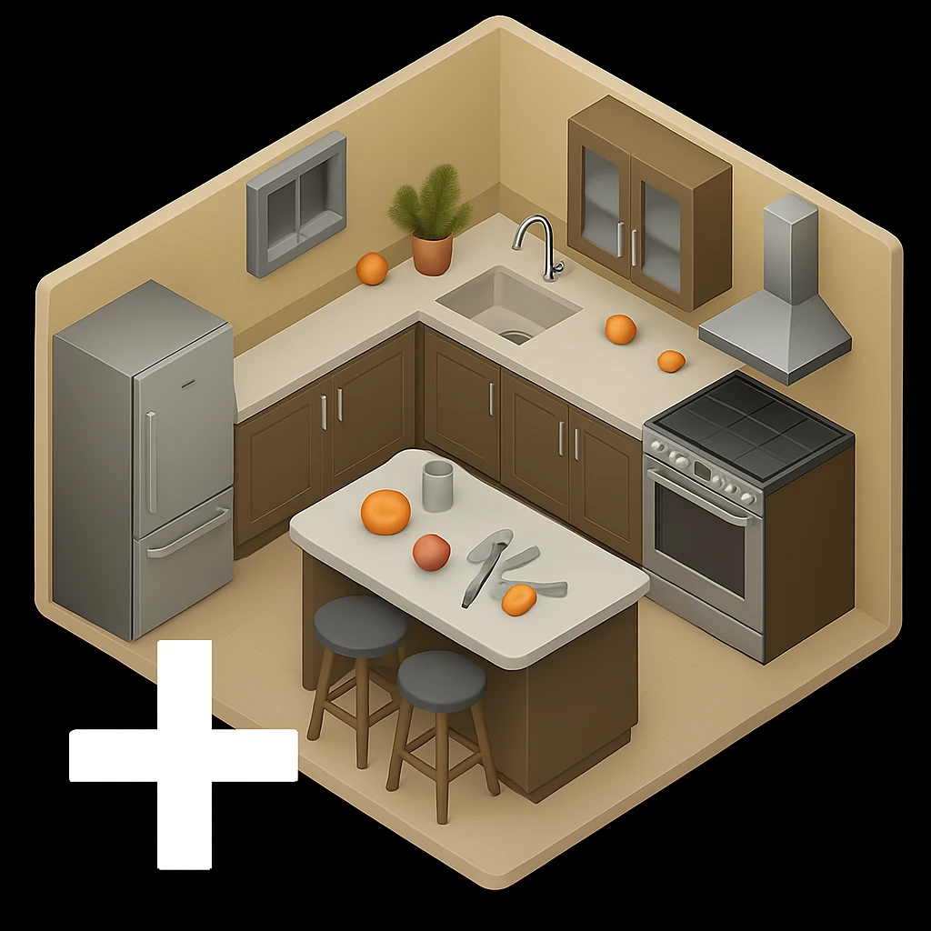 Place a plus symbol to the left side of the kitchen emoji, outside the kitchen area, ensuring it does not overlap or cover any part of the kitchen. Keep the style and perspective consistent with the original image. emoji