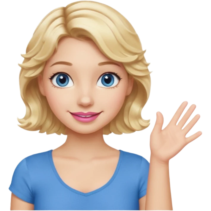 Girl Blonde short wavy hair,  blue eyes, cute blue top, long lashes, pink lips, smiling, one hand palm up side ways  emoji
