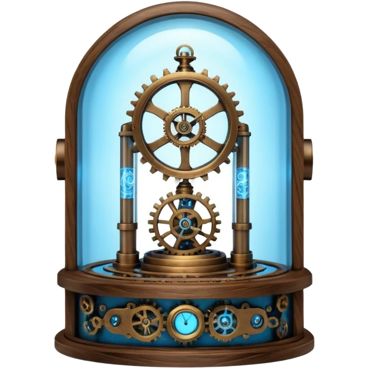 Portrait of a steampunk-style time machine with brass gears, glowing blue core, and glass dome emoji