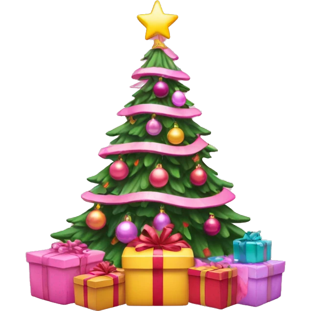 Pink Christmas tree with lights and presents under it emoji