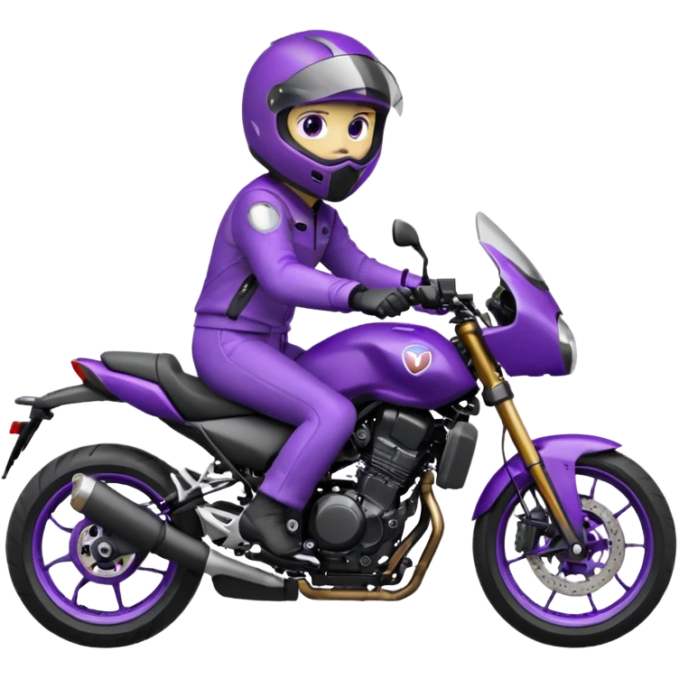Créer un emoji avec une moto mt07 sport noir mate / violet iridescent très foncé, pare-brise de la moto violet. Avec une pilote dessus, visage masqué par la visière violette . Avec en arrière plan cercle violet. emoji