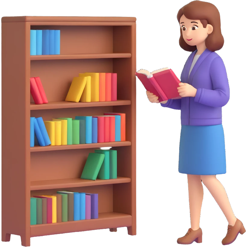 a woman looking at a small bookcase emoji