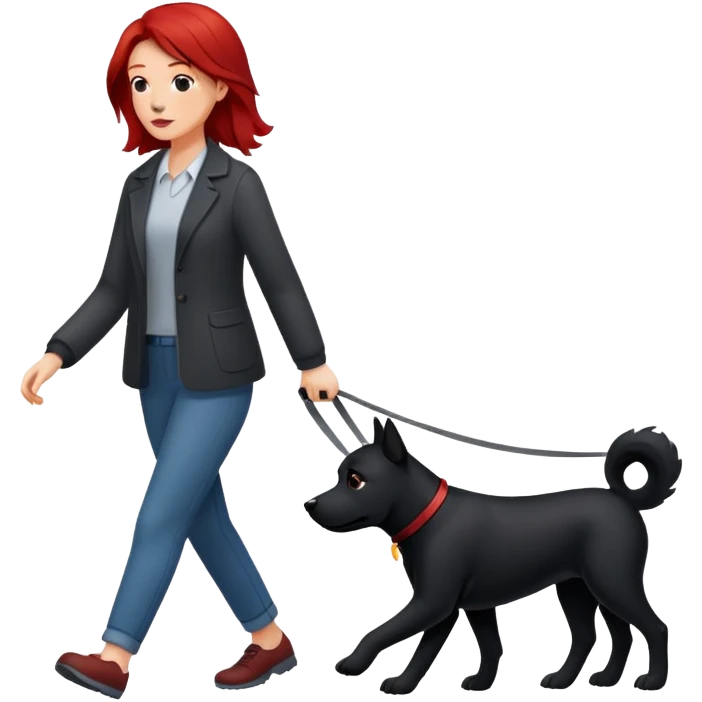 white redhair woman walking black dog emoji emoji