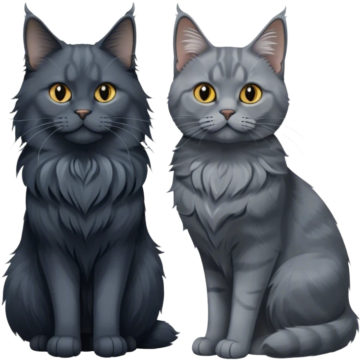 Portrait of a black smoke Maine Coon cat with long grey ear tufts, alongside a British Shorthair cat with a solid blue coat. Both cats with detailed fur textures and playful expressions. Soft, elegant background with warm, natural tones. Transparent background. emoji