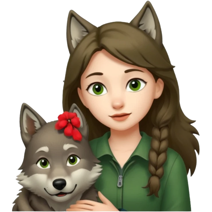 Caperucita roja acariciando la cabeza de un lobo macho en un bosque emoji