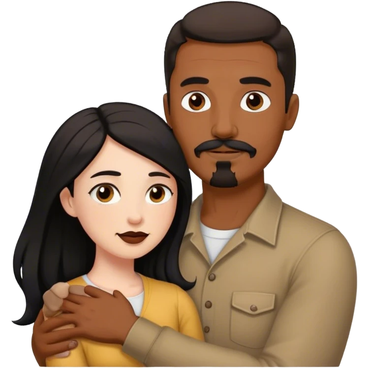 Tall man with brown mustache and goatee hugging a short pale woman with long black hair emoji