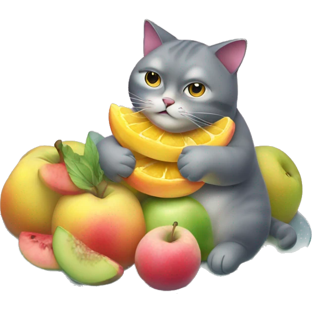 Fat Cat eating a iridescent fruit tray emoji
