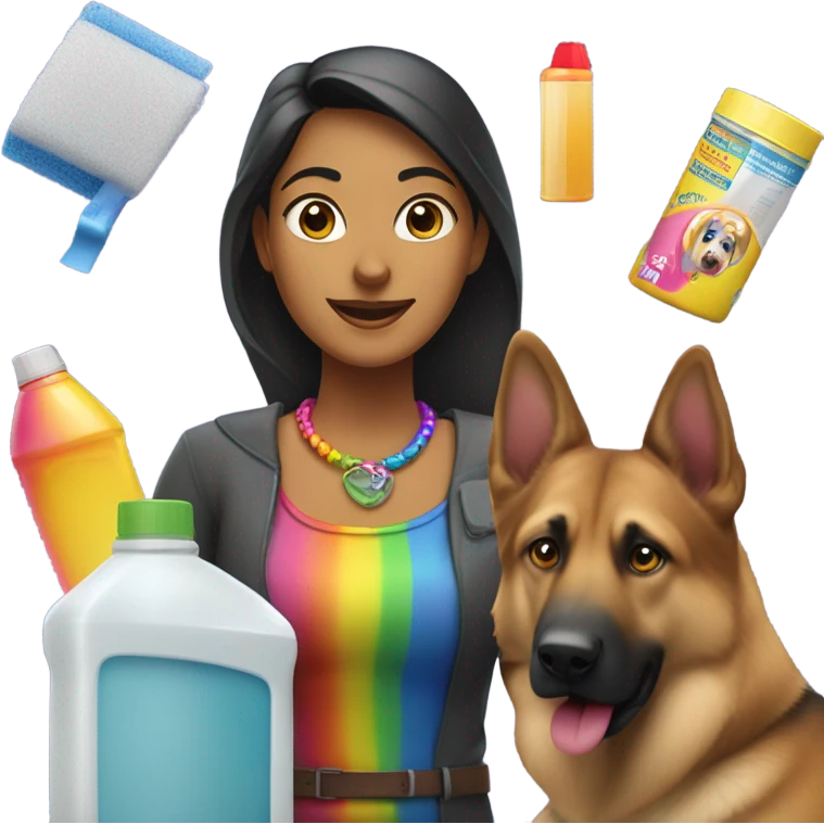 Indian woman with an excessive amount of cleaning supplies and German shepherd with rainbow collar emoji