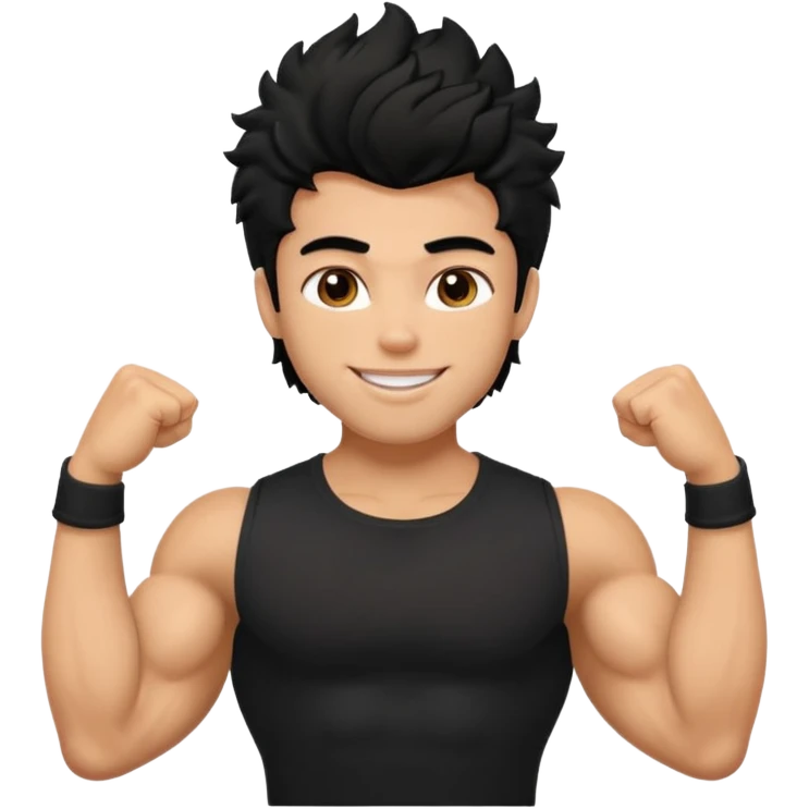 a pretty bratz guy with black hair with big muscles and shaggy hair in a tight black tee smiling emoji