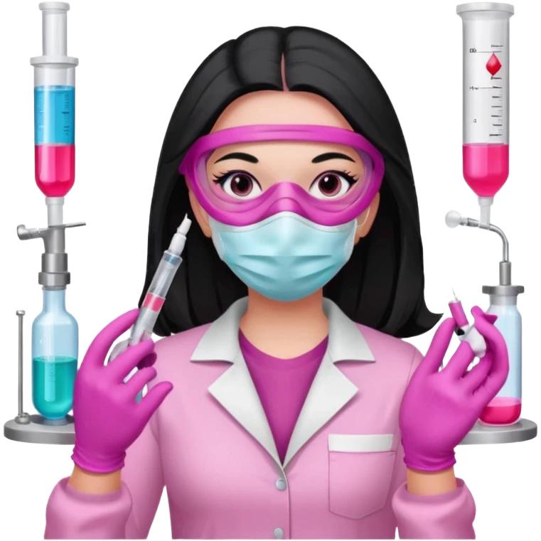 laboratorista con guantes rosa y mascarilla rosa jeringa tubo laboratorio sin lentes y ojos negros cabello largo negro color ojos oscuro color y cabello largo lacio guantes camisa y maascarilla mismo color emoji