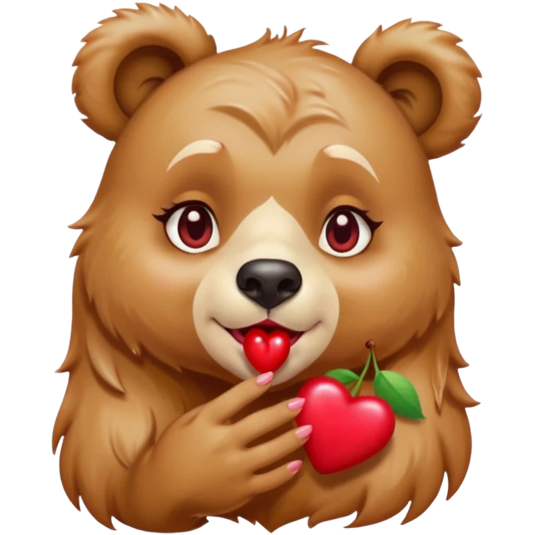 A female bear with cherries on one of her ears blowing a kiss with her lips, releasing a heart emoji