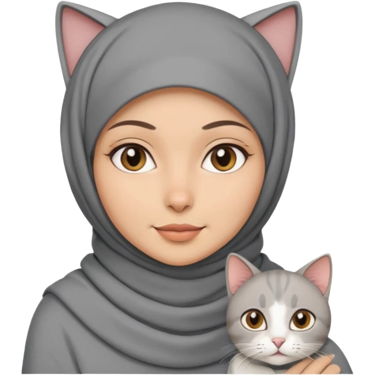 wanita berhijab warna abu abu dengan 1 kucing emoji