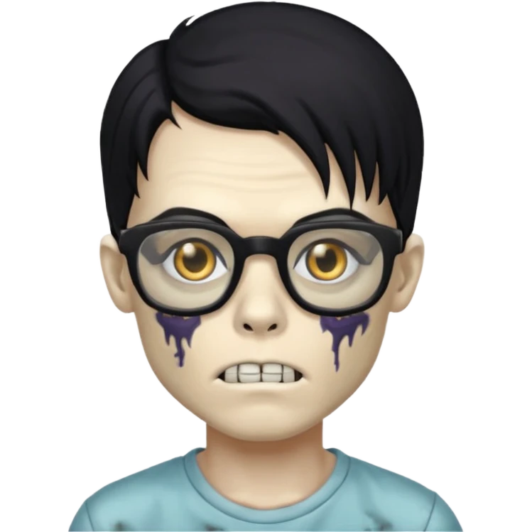 zumbi boy de cabelo grande preto,olhos pretos e oculos quadrado emoji