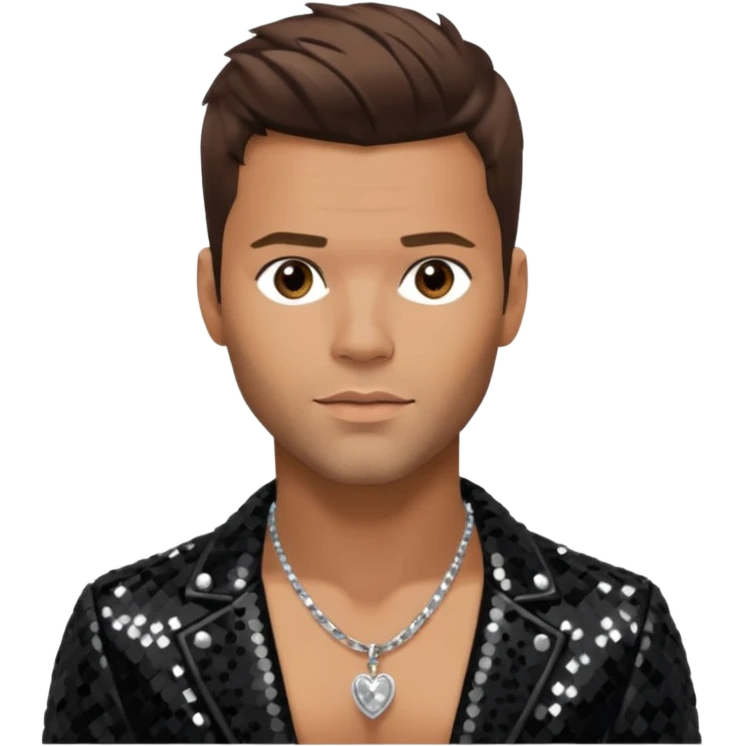 Ricky Martin with brown hair, black sequin jacket, shirtless with necklace emoji