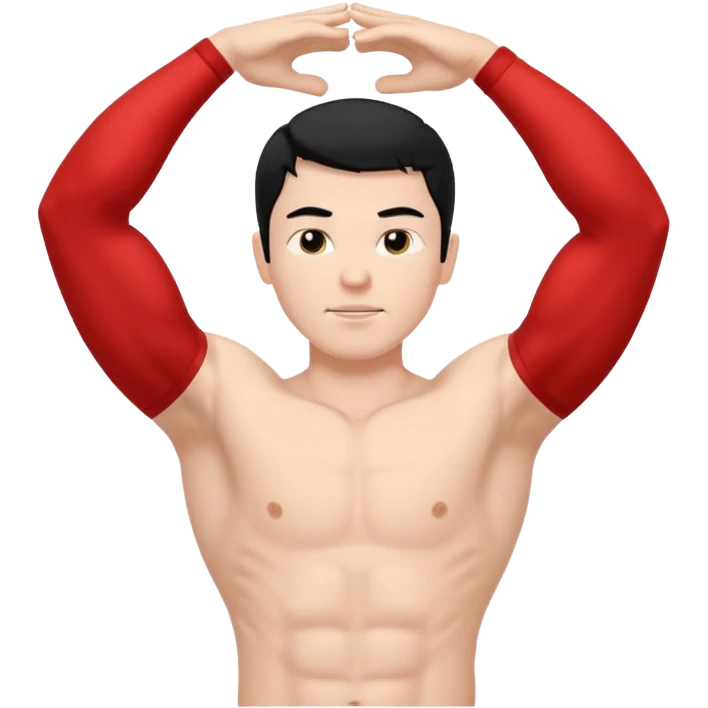 Hombre blanco pelinegro haciendo ejercicio de estiramiento de brazos emoji