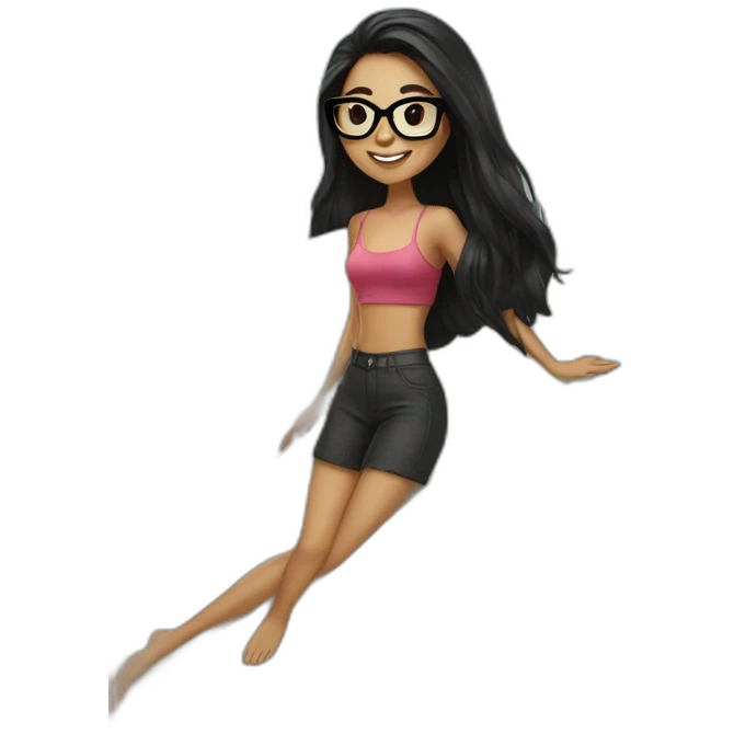 Girl with black glasses and long black hair on a surfboard emoji