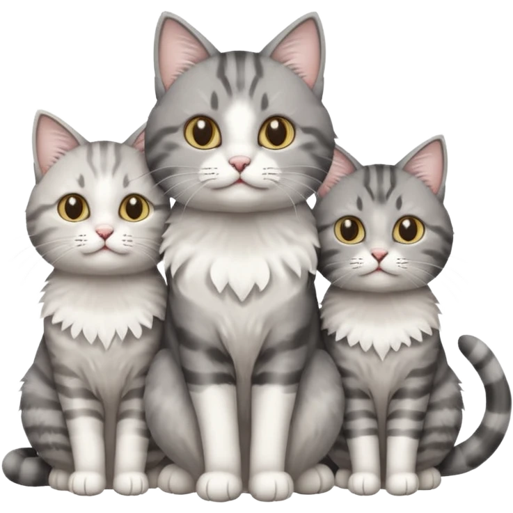 a fluffy grey and white cat sitting with 2 other cats emoji