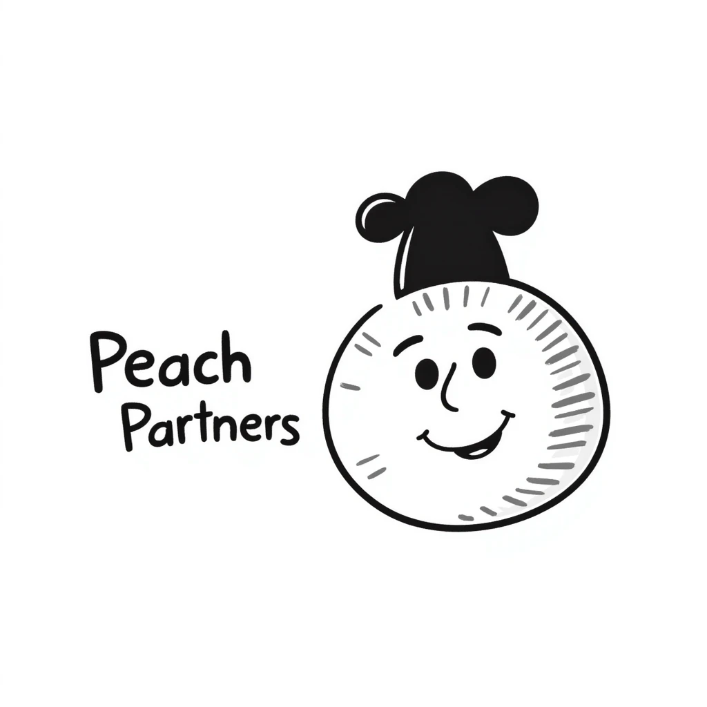 hand-drawn doodle of a playful peach with handwritten text 'Peach Partners' emoji
