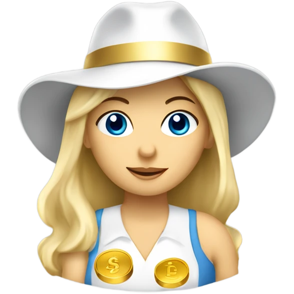 Create a Blonde blue eyed femalengel wearing a white hat holding a bucket of gold coins  emoji