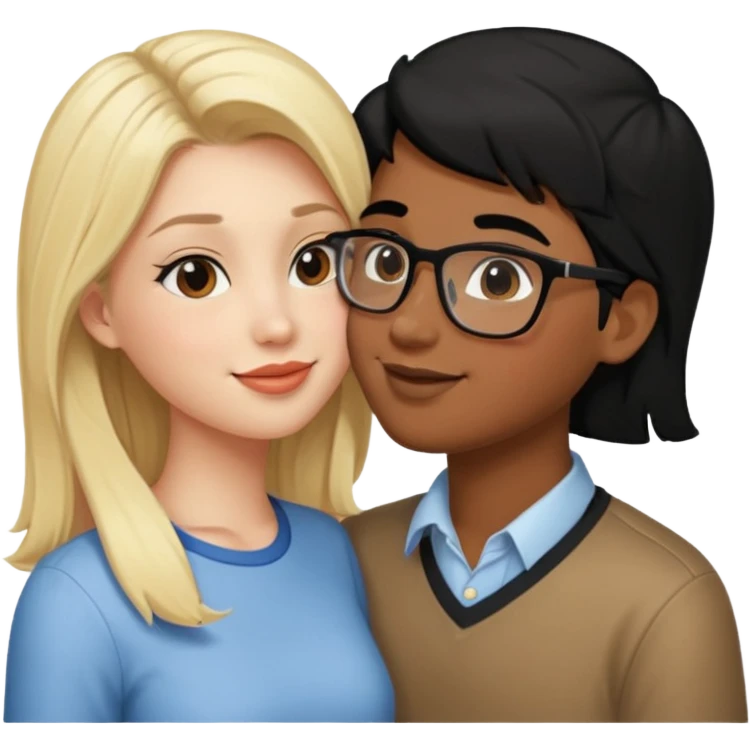 pretty blonde girl barbie kissing nerd with black hair and brown skin on the cheek emoji