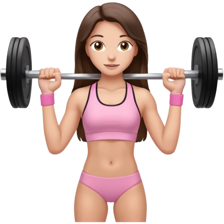 white happy brunette teen long hair with hazel eyes in light pink workout clothes holding a barbell  emoji