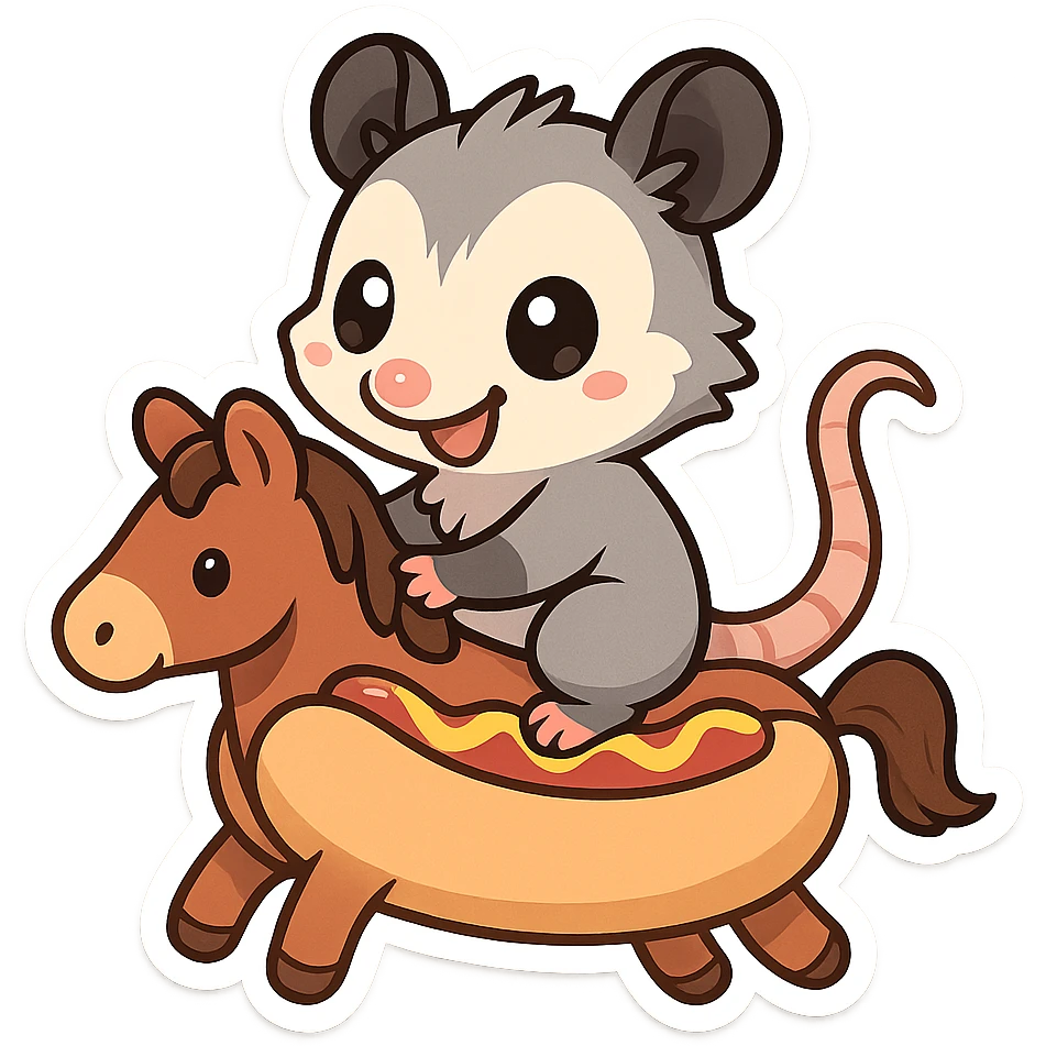 cute cartoon possum riding a hot dog like a horse, sticker-like style emoji